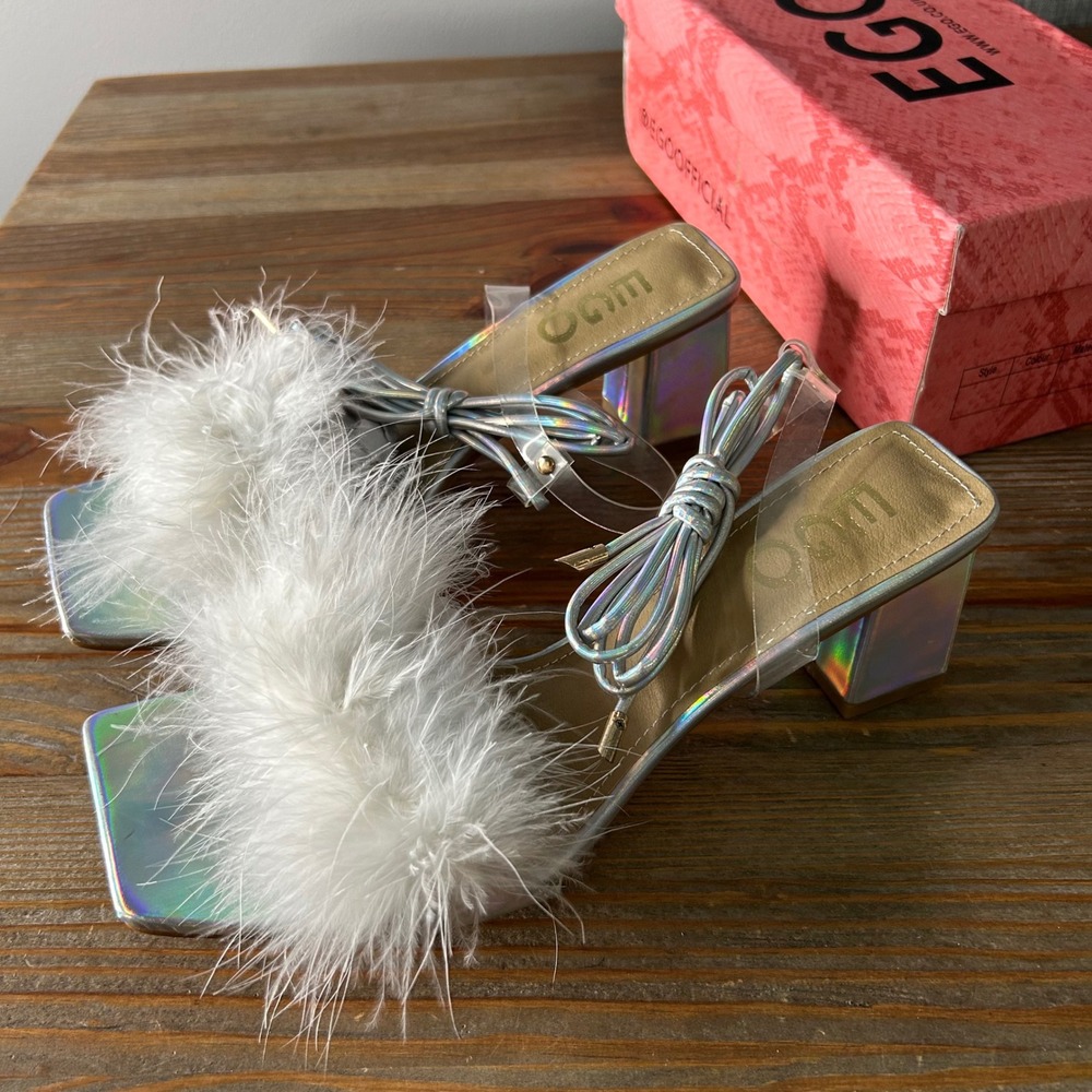 Ego‎ Finesse Silver Holographic Feather Lace Up Square Toe Block Heel Sandals